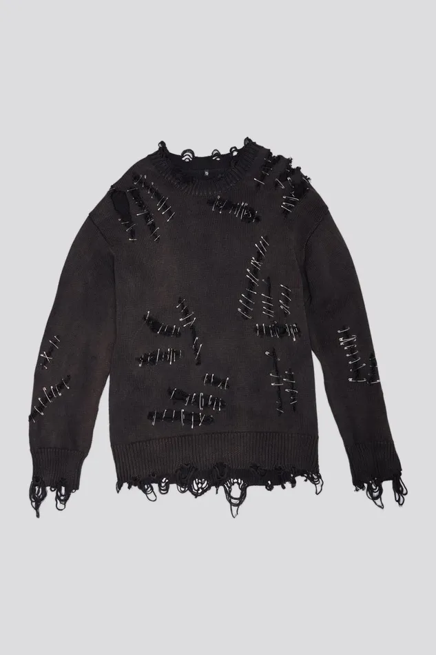 R13 Sweaters Women SLASHED BOYFRIEND SWEATER 8211 BLACK WITH PINS