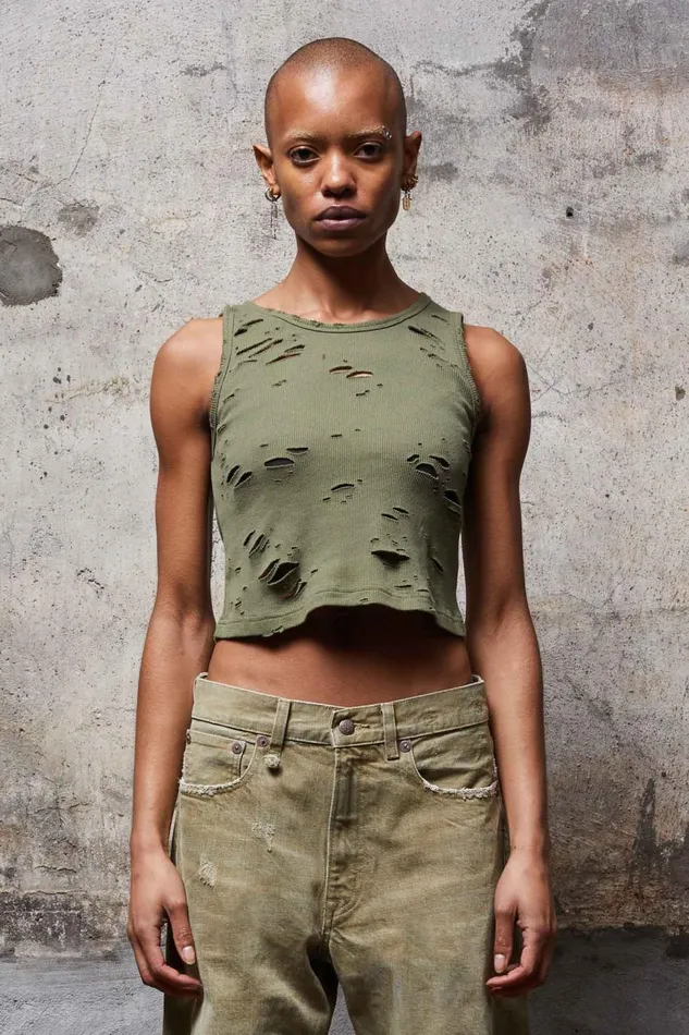 R13 TShirts Women DISTRESSED TANK 8211 OLIVE