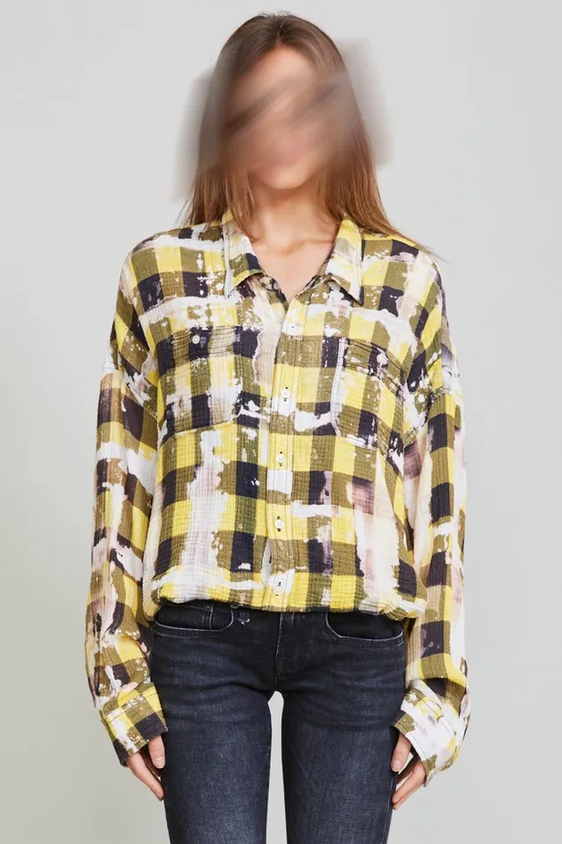 R13 Tops Women Gathered Hem Work Shirt 8211 Bleached Yellow Plaid