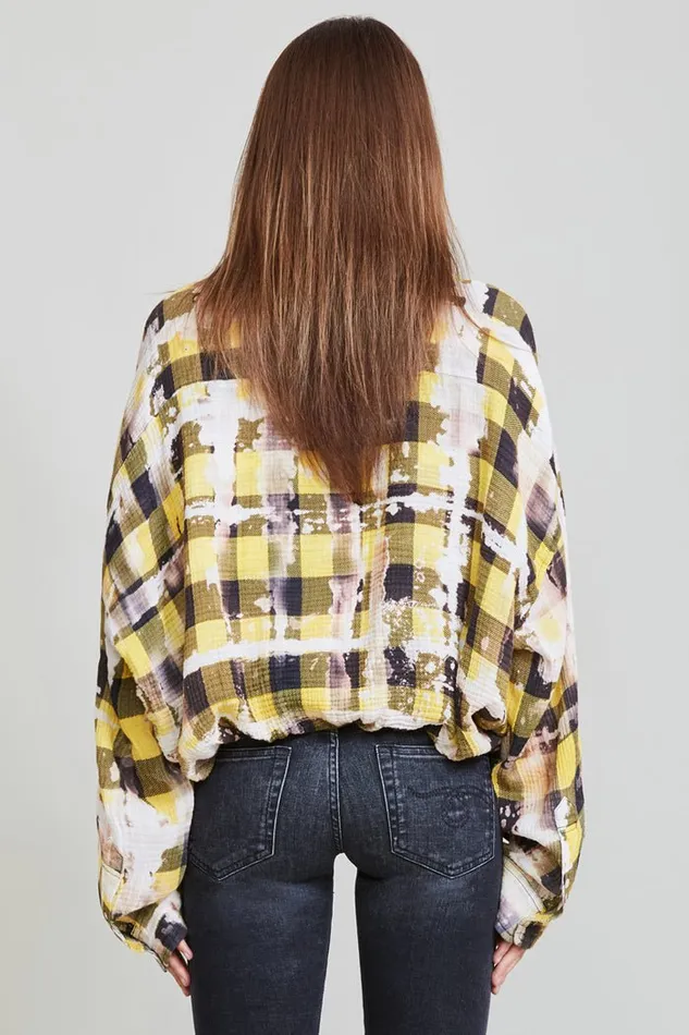 R13 Tops Women Gathered Hem Work Shirt 8211 Bleached Yellow Plaid