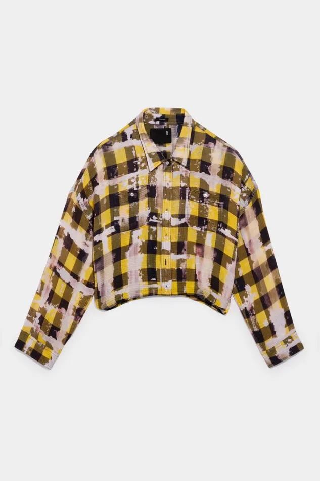 R13 Tops Women Gathered Hem Work Shirt 8211 Bleached Yellow Plaid