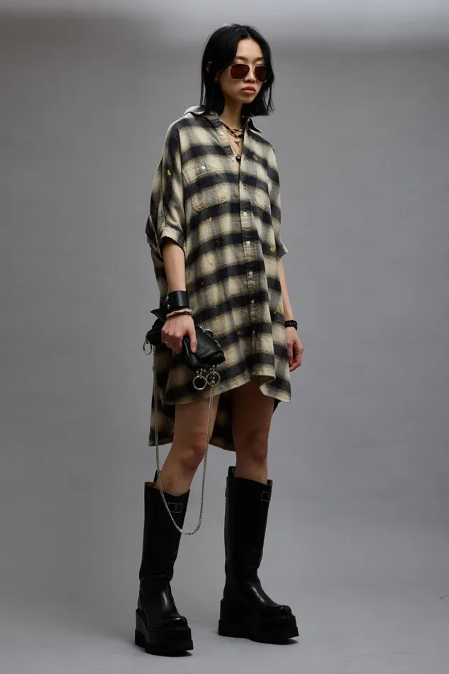 R13 Tops Women OVERSIZED RELAXED SHIRTDRESS 8211 SPLATTERED ECRU PLAID