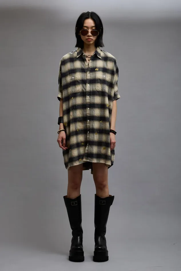 R13 Tops Women OVERSIZED RELAXED SHIRTDRESS 8211 SPLATTERED ECRU PLAID