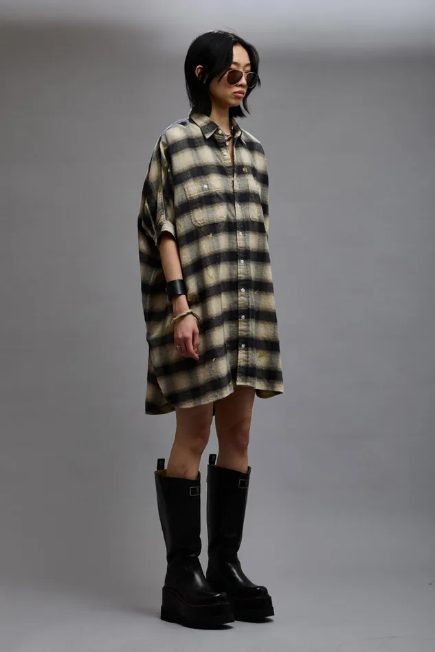 R13 Tops Women OVERSIZED RELAXED SHIRTDRESS 8211 SPLATTERED ECRU PLAID