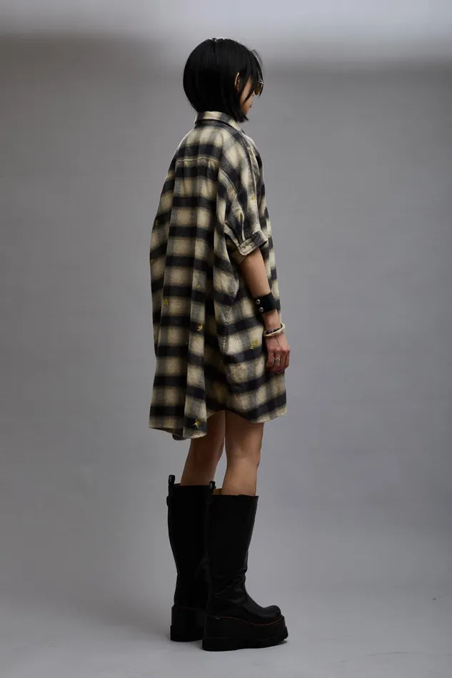 R13 Tops Women OVERSIZED RELAXED SHIRTDRESS 8211 SPLATTERED ECRU PLAID