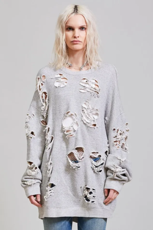 R13 Tops Women Super Distressed Oversized Crewneck 8211 Heather Grey Denim R13 Tops Women Super Distressed Oversized Crewneck 8211 Heather Grey Denim