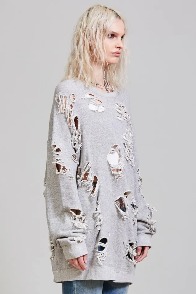 R13 Tops Women Super Distressed Oversized Crewneck 8211 Heather Grey Denim R13 Tops Women Super Distressed Oversized Crewneck 8211 Heather Grey Denim