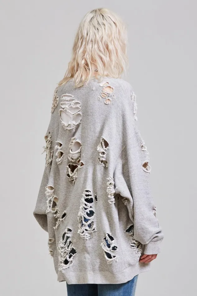 R13 Tops Women Super Distressed Oversized Crewneck 8211 Heather Grey Denim R13 Tops Women Super Distressed Oversized Crewneck 8211 Heather Grey Denim