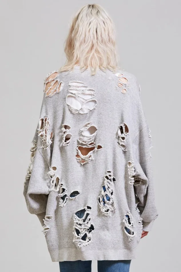 R13 Tops Women Super Distressed Oversized Crewneck 8211 Heather Grey Denim R13 Tops Women Super Distressed Oversized Crewneck 8211 Heather Grey Denim