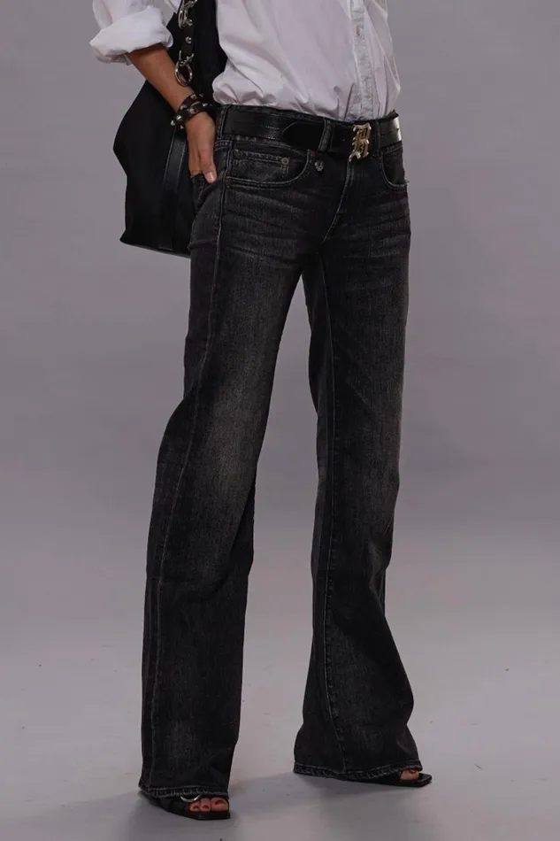 R13 Wide Leg Women BOY FLARE JEANS 8211 KENNET BLACK STRETCH