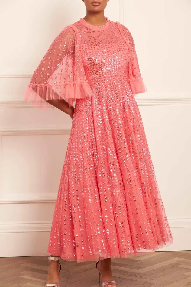 Raindrop Short Sleeve Ankle Gown Pink Women Needle and Thread Dresses