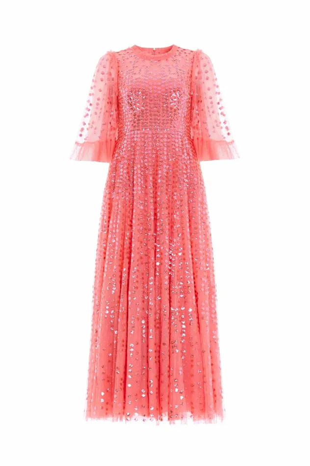 Raindrop Short Sleeve Ankle Gown Pink Women Needle and Thread Dresses