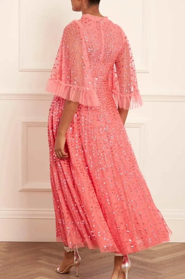 Raindrop Short Sleeve Ankle Gown Pink Women Needle and Thread Dresses