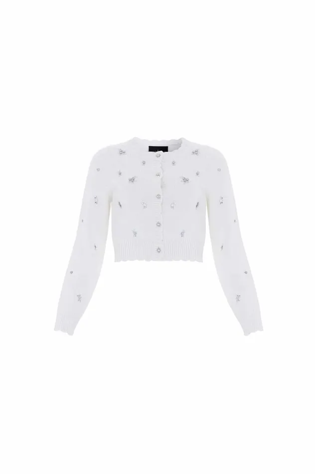 Scattered Floral Embellished Short Cardigan Champagne Women Needle and Thread Knitwear