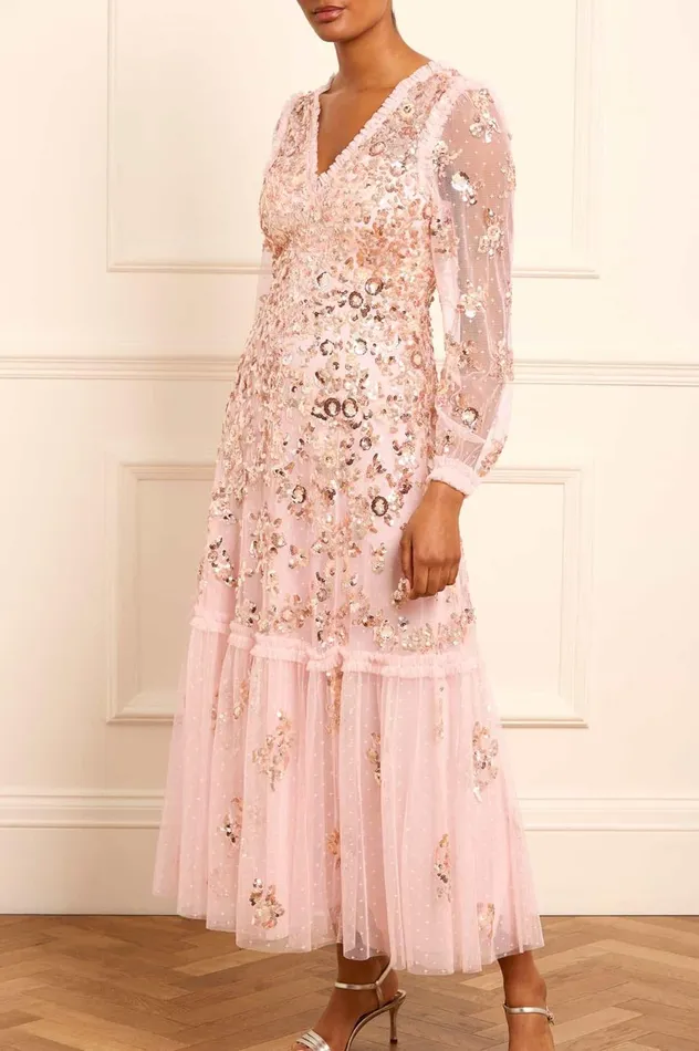 Sequin Chain VNeck Ankle Gown Pink Women Needle and Thread Dresses