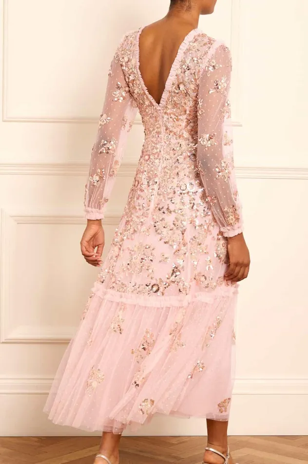 Sequin Chain VNeck Ankle Gown Pink Women Needle and Thread Dresses