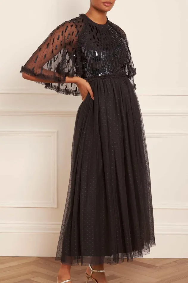 Sequin Dash Bodice Ankle Gown Black Women Needle and Thread Dresses