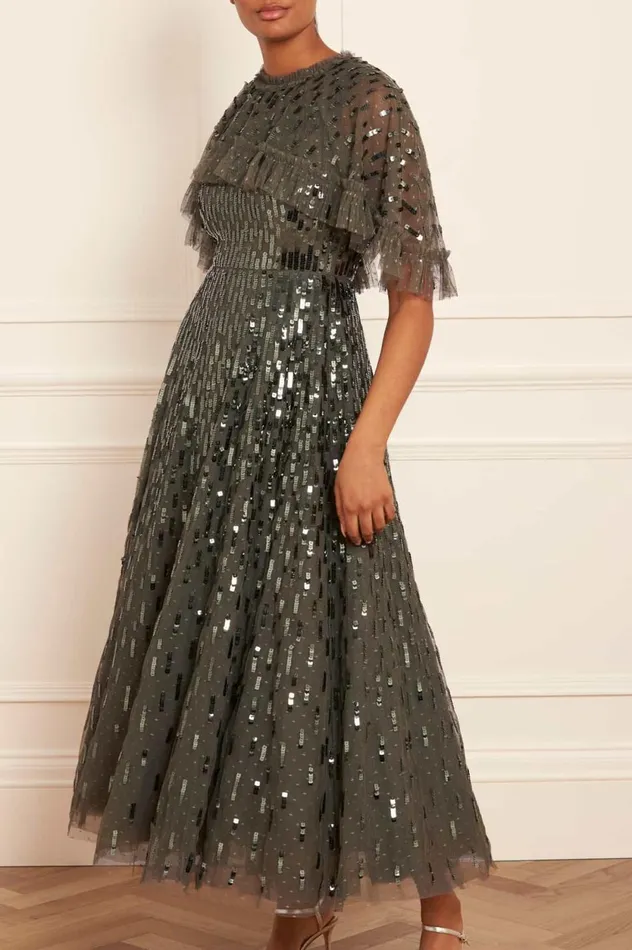 Sequin Dash Cape Ankle Gown Green Women Needle and Thread Dresses