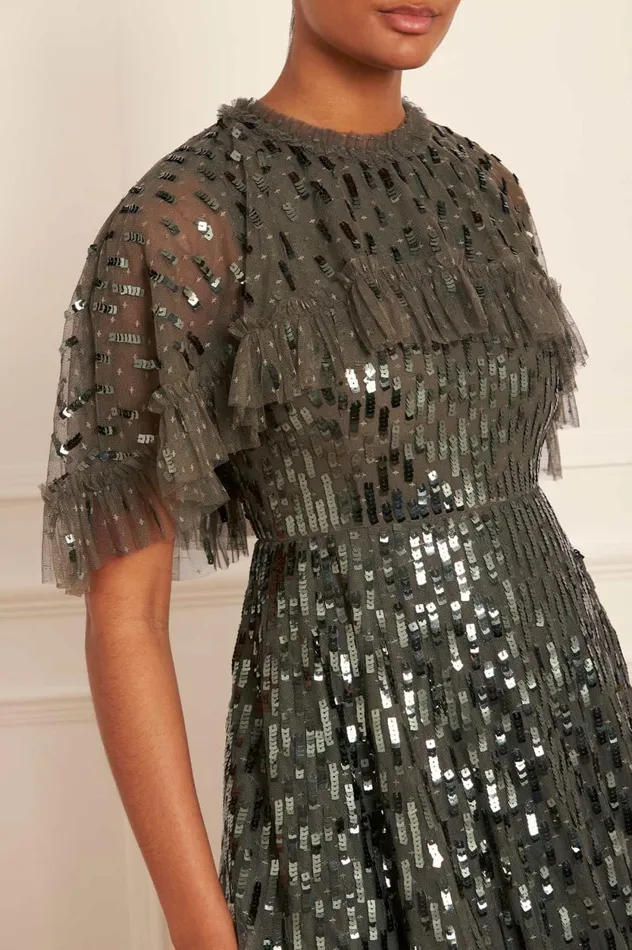 Sequin Dash Cape Ankle Gown Green Women Needle and Thread Dresses