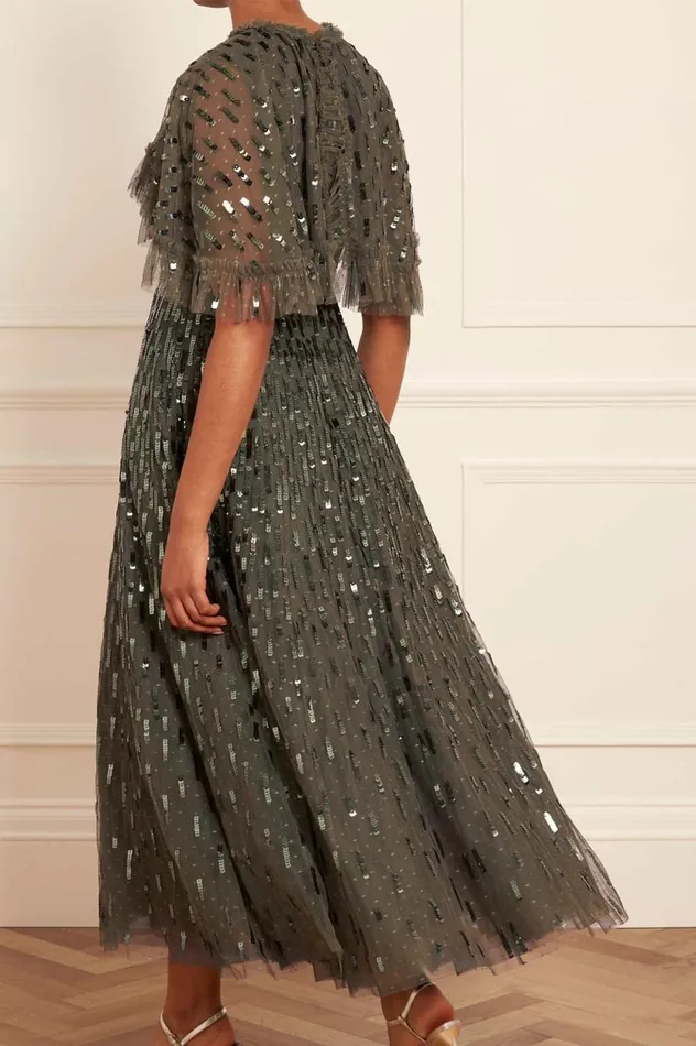 Sequin Dash Cape Ankle Gown Green Women Needle and Thread Dresses