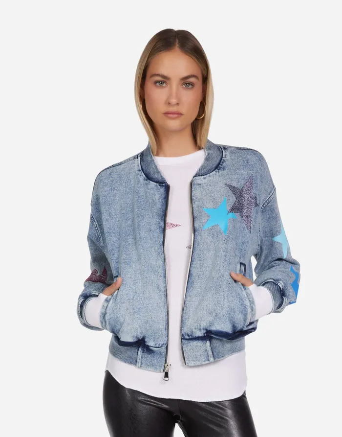 Shilese Color Crystal Multi Stars Faded Denim Women039s Lauren Moshi Long Sleeve
