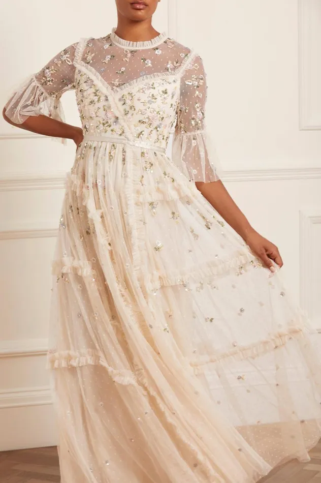Shimmer Ditsy Long Sleeve Gown Champagne Women Needle and Thread Dresses