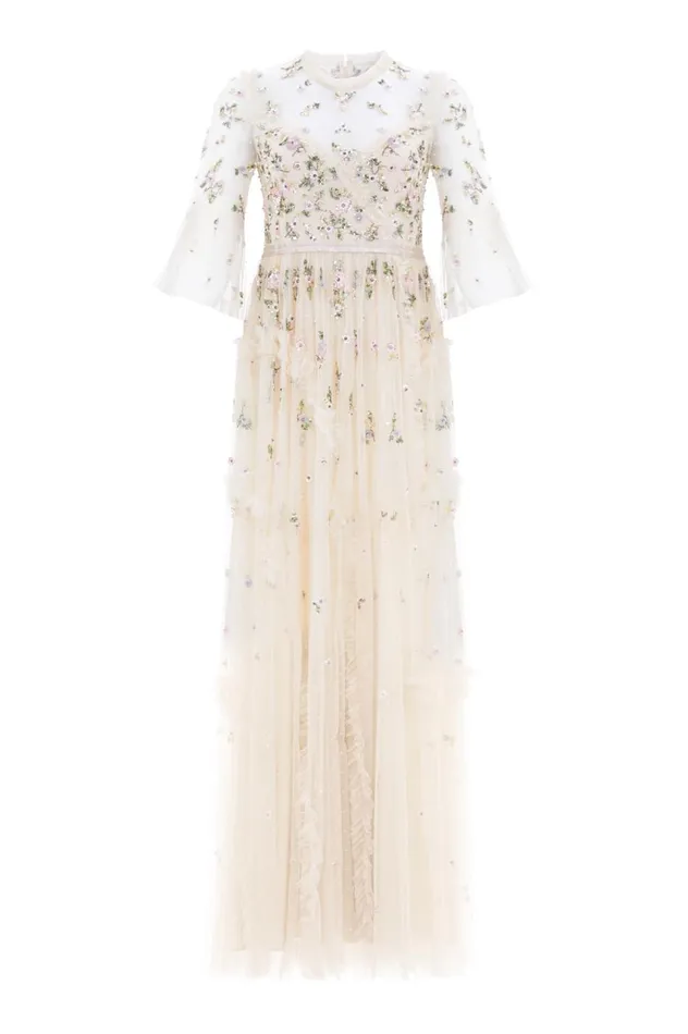 Shimmer Ditsy Long Sleeve Gown Champagne Women Needle and Thread Dresses