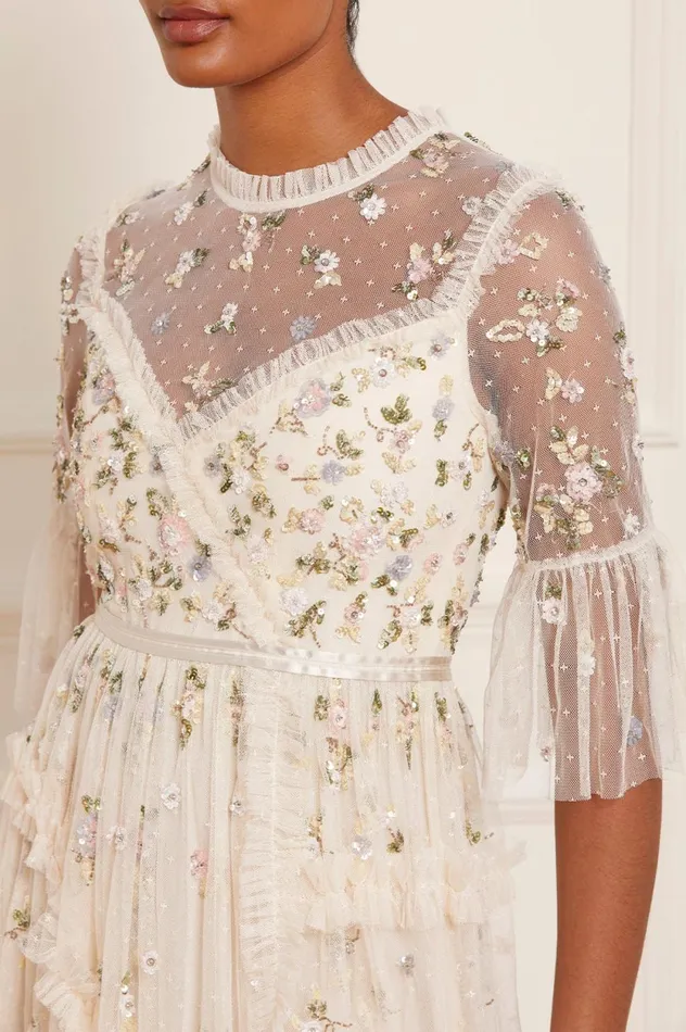 Shimmer Ditsy Long Sleeve Gown Champagne Women Needle and Thread Dresses