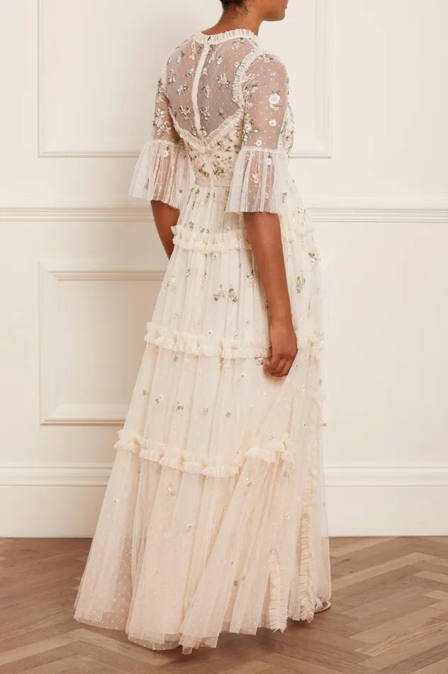 Shimmer Ditsy Long Sleeve Gown Champagne Women Needle and Thread Dresses