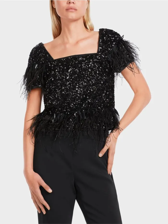 Shirts and Tops Damen Marc Cain Kurzes Top Mit Pailletten Und Federn Black