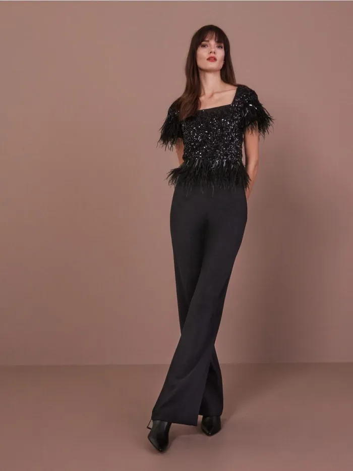 Shirts and Tops Damen Marc Cain Kurzes Top Mit Pailletten Und Federn Black