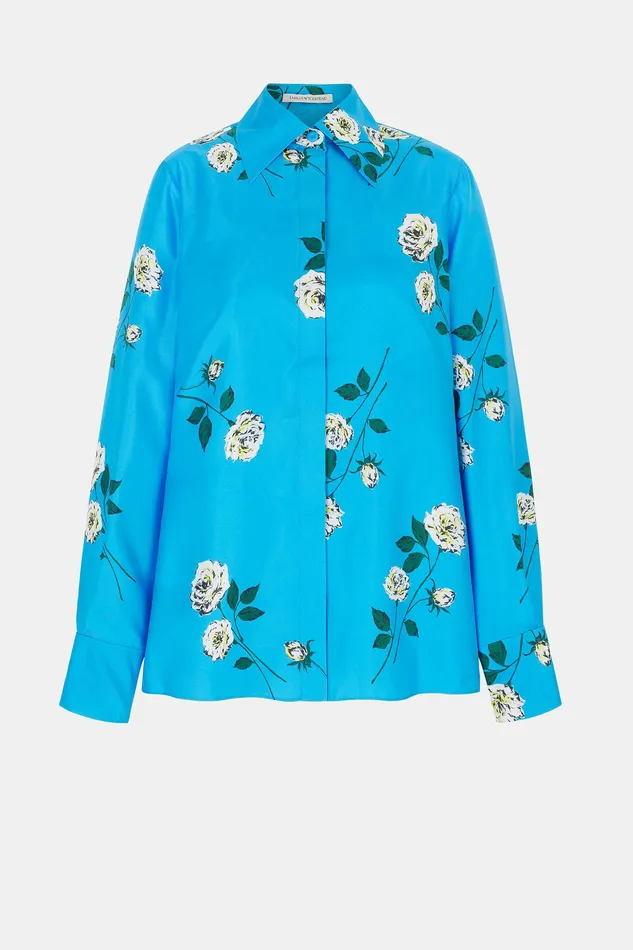 Shirts and Tops Women Indu Shirt in Rose Stem Electric Blue Silk Twill Emilia Wickstead