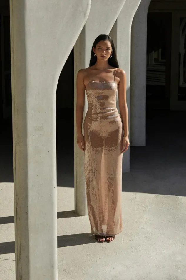 Shop SUBOO Dresses Frankie Strappy Sequin Maxi Dress 8211 Nude