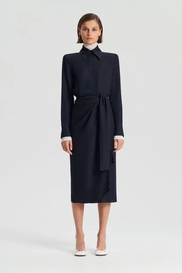 SILK JAQUARD WRAP DRESS NAVY Dresses Scanlan Theodore Women