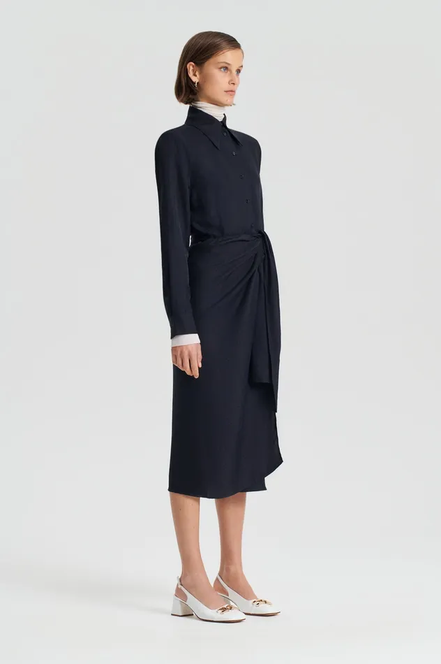 SILK JAQUARD WRAP DRESS NAVY Dresses Scanlan Theodore Women