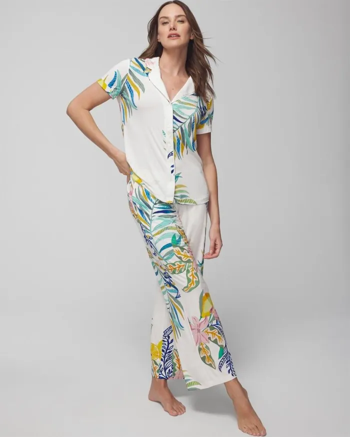Soma Cool Nights Printed ShortSleeve Notch Collar Capri Stripe Blush Pink Women Matching Sets and Separates
