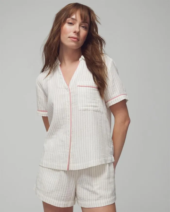 Soma Cotton Gauze ShortSleeve Notch Collar Dbl Cloth Bw Stripe Women Pajama Tops
