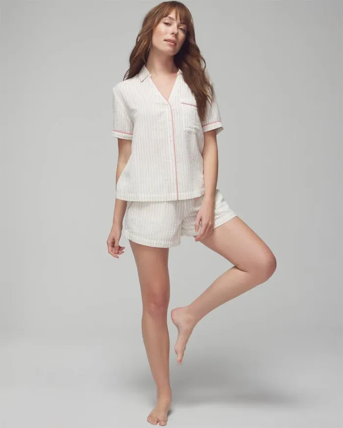 Soma Cotton Gauze ShortSleeve Notch Collar Dbl Cloth Bw Stripe Women Pajama Tops
