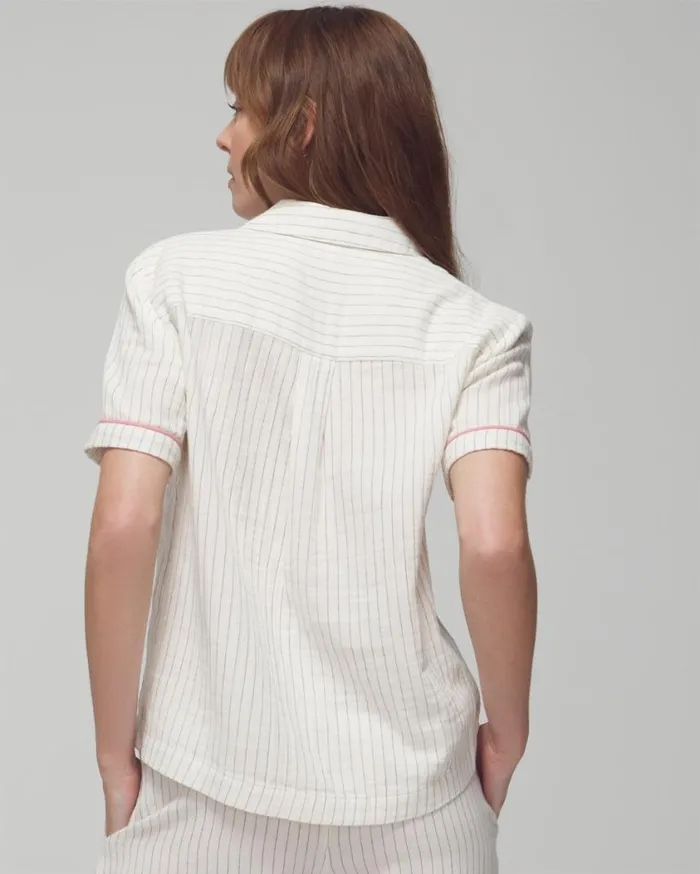Soma Cotton Gauze ShortSleeve Notch Collar Dbl Cloth Bw Stripe Women Pajama Tops