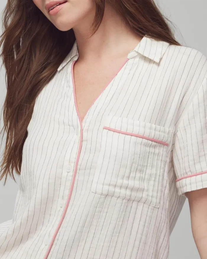 Soma Cotton Gauze ShortSleeve Notch Collar Dbl Cloth Bw Stripe Women Pajama Tops