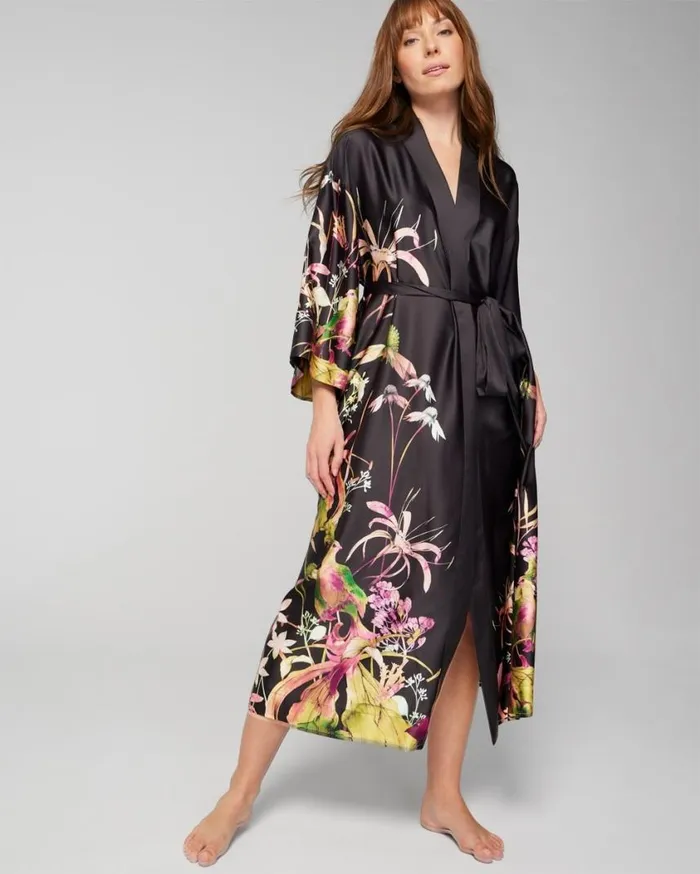 Soma Satin Long Robe Botanica Placement Black Women Lingerie