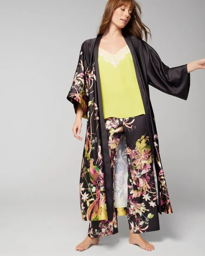 Soma Satin Long Robe Botanica Placement Black Women Lingerie