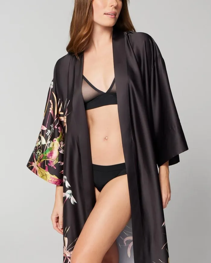 Soma Satin Long Robe Botanica Placement Black Women Lingerie