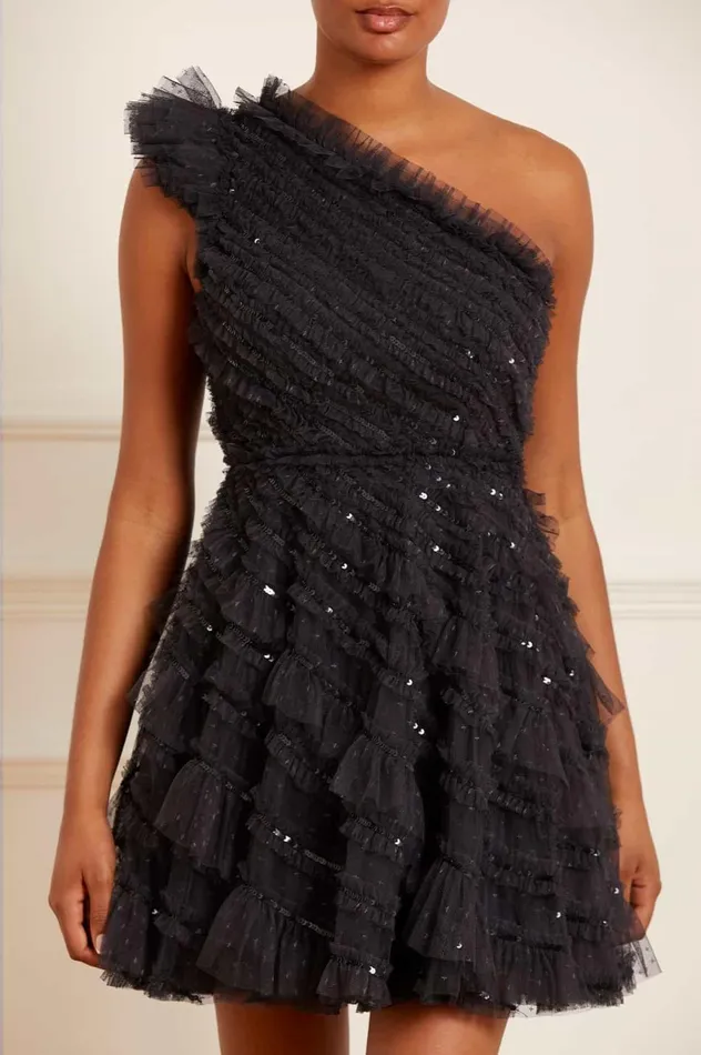 Spiral Sequin OneShoulder Micro Mini Dress Black Women Needle and Thread Dresses
