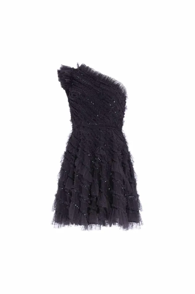 Spiral Sequin OneShoulder Micro Mini Dress Black Women Needle and Thread Dresses