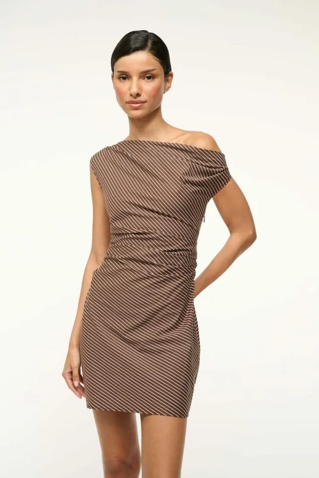 STAUD Dresses PHARE MINI DRESS Dark Oak Micro Stripe 8211 Women STAUD Dresses PHARE MINI DRESS Dark Oak Micro Stripe 8211 Women