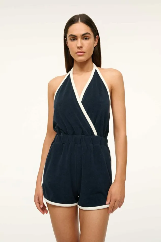 STAUD Swim SINES COVERUP ROMPER Navy White 8211 Women STAUD Swim SINES COVERUP ROMPER Navy White 8211 Women