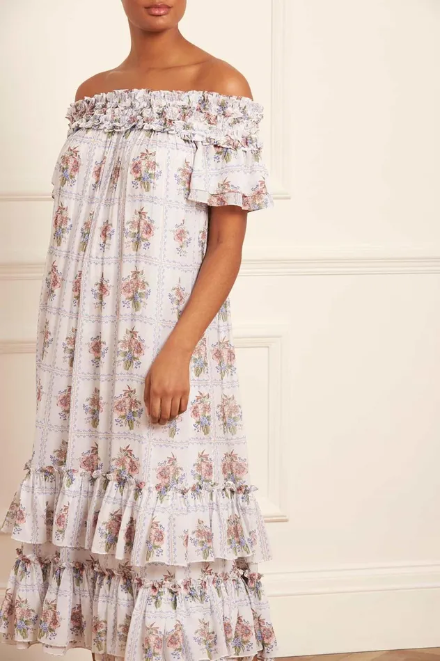 Tiled Blooms Chiffon OffShoulder Ankle Gown Multi Women Needle and Thread Dresses