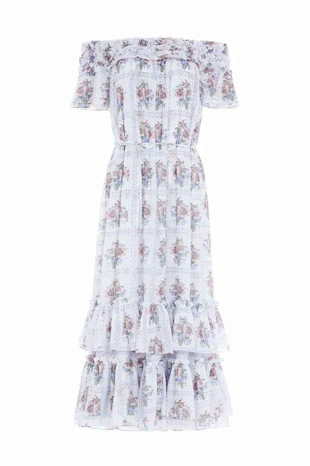 Tiled Blooms Chiffon OffShoulder Ankle Gown Multi Women Needle and Thread Dresses