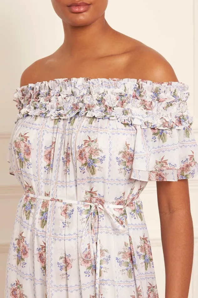 Tiled Blooms Chiffon OffShoulder Ankle Gown Multi Women Needle and Thread Dresses